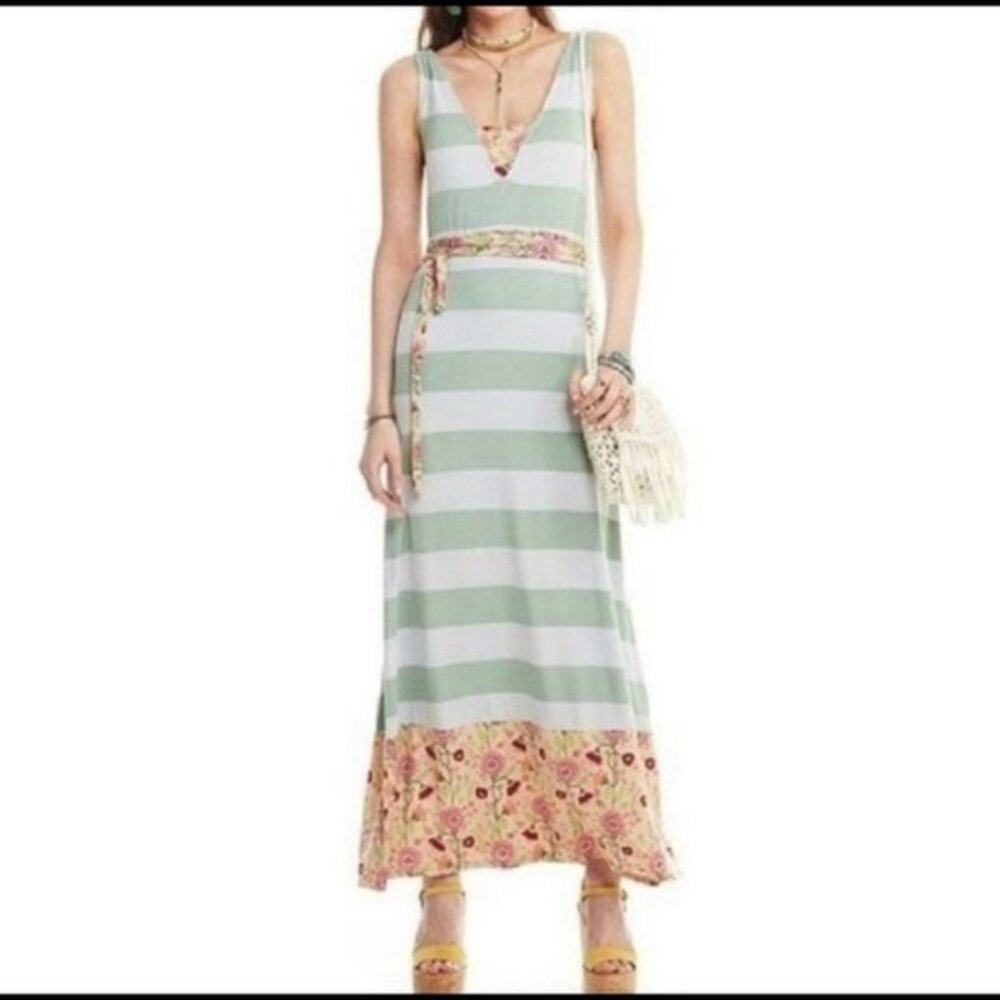 Matilda Jane Dress Seaside Stripe Floral Maxi Size XS Green Orange Breezy Fun